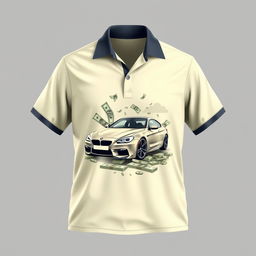 Create a cream-colored shirt design that features elements of financial management, including images of a car and a lot of money