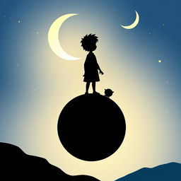 A silhouette of the Little Prince standing on a small planet, with stars and a crescent moon in the sky