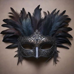 An eerie art piece of gothic masquerade masks, adorned with dark feathers, muted colors, and intricate designs, evoking a sense of mystery and intrigue