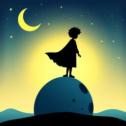 A silhouette of the Little Prince standing on a small planet, with stars and a crescent moon in the sky