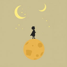 A silhouette of the Little Prince standing on a small planet, with stars and a crescent moon in the sky