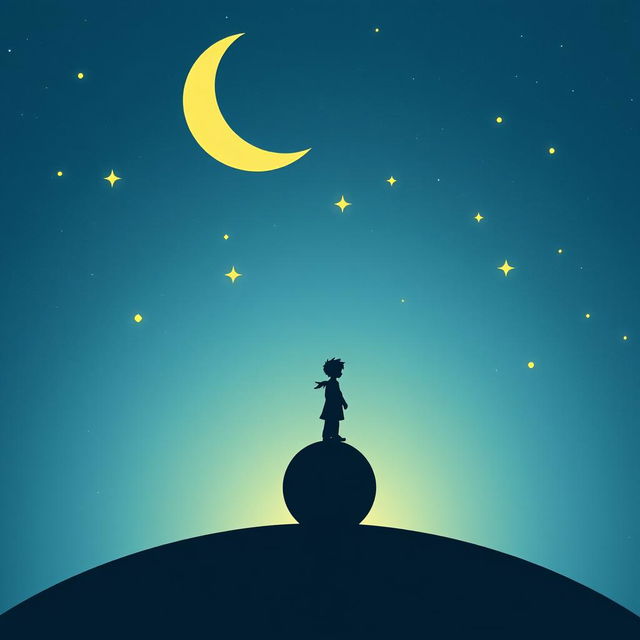 A silhouette of the Little Prince standing on a small planet, with stars and a crescent moon in the sky