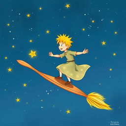 The Little Prince from Antoine de Saint-Exupéry's book, surfing on a magical broomstick through a starry night sky