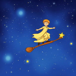 The Little Prince from Antoine de Saint-Exupéry's book, surfing on a magical broomstick through a starry night sky