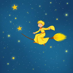 The Little Prince from Antoine de Saint-Exupéry's book, surfing on a magical broomstick through a starry night sky