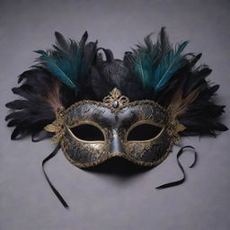 An eerie art piece of gothic masquerade masks, adorned with dark feathers, muted colors, and intricate designs, evoking a sense of mystery and intrigue