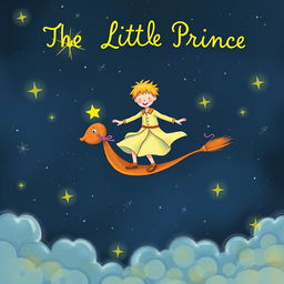 The Little Prince from Antoine de Saint-Exupéry's book, surfing on a magical broomstick through a starry night sky