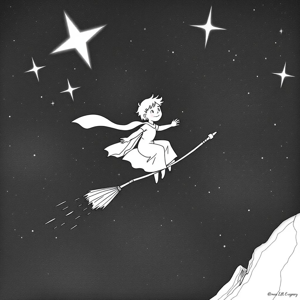 A black and white illustration of the Little Prince from Antoine de Saint-Exupéry's book, surfing on a magical broomstick through a starry night sky