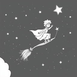 A black and white illustration of the Little Prince from Antoine de Saint-Exupéry's book, surfing on a magical broomstick through a starry night sky