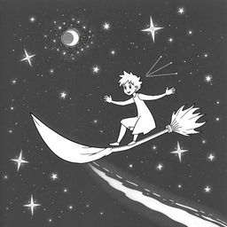 A black and white illustration of the Little Prince from Antoine de Saint-Exupéry's book, surfing on a magical broomstick through a starry night sky