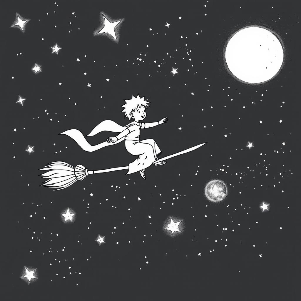 A black and white illustration of the Little Prince from Antoine de Saint-Exupéry's book, surfing on a magical broomstick through a starry night sky