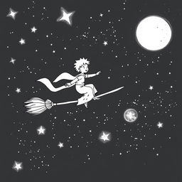 A black and white illustration of the Little Prince from Antoine de Saint-Exupéry's book, surfing on a magical broomstick through a starry night sky