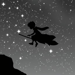 A black and white silhouette of the Little Prince from Antoine de Saint-Exupéry's book, surfing on a magical broomstick through a starry night sky