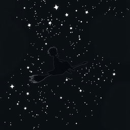 A black and white silhouette of the Little Prince from Antoine de Saint-Exupéry's book, surfing on a magical broomstick through a starry night sky