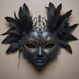 An eerie art piece of gothic masquerade masks, adorned with dark feathers, muted colors, and intricate designs, evoking a sense of mystery and intrigue