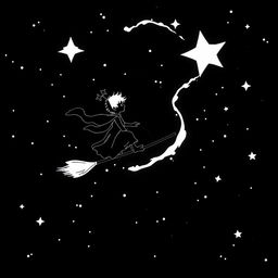 A black and white silhouette of the Little Prince from Antoine de Saint-Exupéry's book, surfing on a magical broomstick through a starry night sky