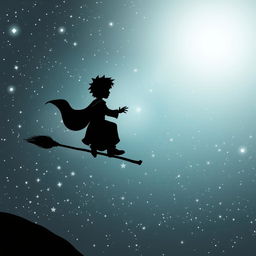 A black and white silhouette of the Little Prince from Antoine de Saint-Exupéry's book, surfing on a magical broomstick through a starry night sky