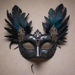 An eerie art piece of gothic masquerade masks, adorned with dark feathers, muted colors, and intricate designs, evoking a sense of mystery and intrigue