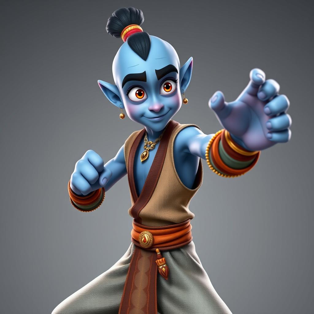 Create a high-quality image of a young, lanky genie with light-blue skin, expressive eyes, and a goofy, naive expression