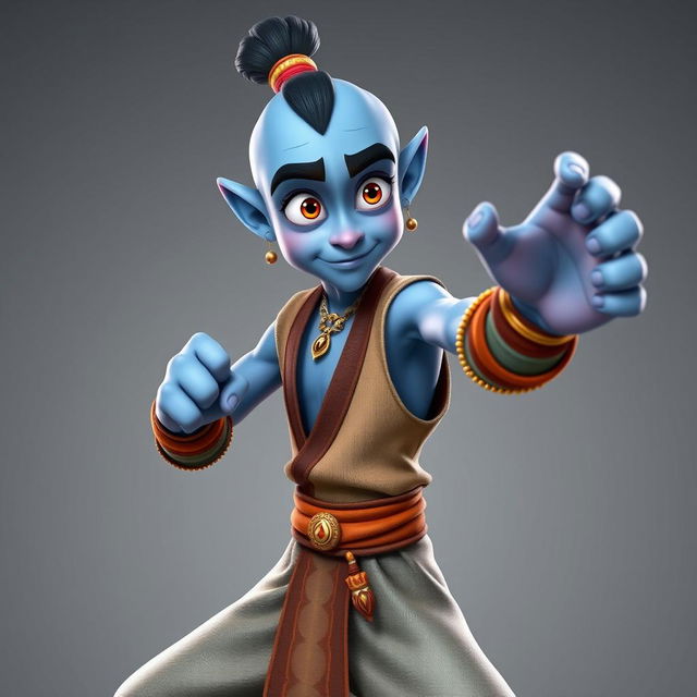 Create a high-quality image of a young, lanky genie with light-blue skin, expressive eyes, and a goofy, naive expression