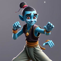 Create a high-quality image of a young, lanky genie with light-blue skin, expressive eyes, and a goofy, naive expression