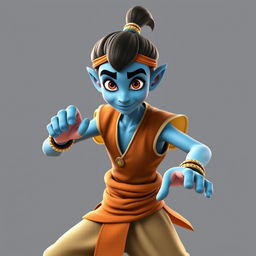 Create a high-quality image of a young, lanky genie with light-blue skin, expressive eyes, and a goofy, naive expression