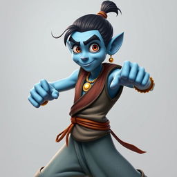 Create a high-quality image of a young, lanky genie with light-blue skin, expressive eyes, and a goofy, naive expression