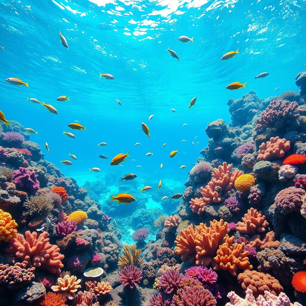 A stunning underwater coral reef scene featuring vibrant corals, colorful fish, and clear blue water