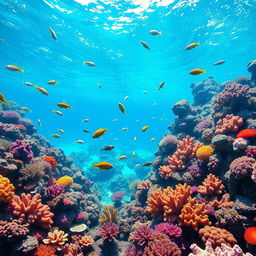 A stunning underwater coral reef scene featuring vibrant corals, colorful fish, and clear blue water