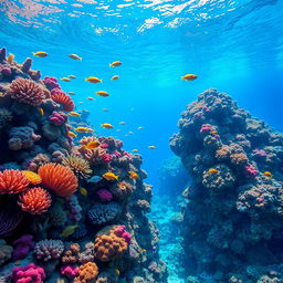 A stunning underwater coral reef scene featuring vibrant corals, colorful fish, and clear blue water