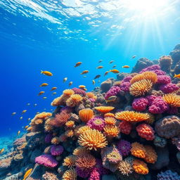 A stunning underwater coral reef scene featuring vibrant corals, colorful fish, and clear blue water