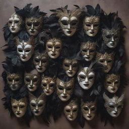 A gloomy art piece filled with numerous masquerade masks, all exhibiting a somber tone through muted colors, dark feathers, and hauntingly beautiful designs