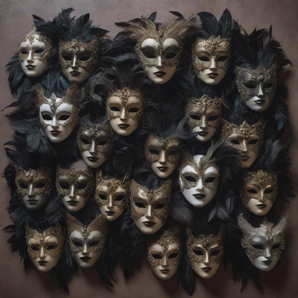 A gloomy art piece filled with numerous masquerade masks, all exhibiting a somber tone through muted colors, dark feathers, and hauntingly beautiful designs