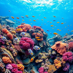 A stunning underwater coral reef scene featuring vibrant corals, colorful fish, and clear blue water