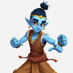 Create a high-quality anime-style image of a young, lanky genie with light-blue skin, expressive eyes, and a goofy, naive expression