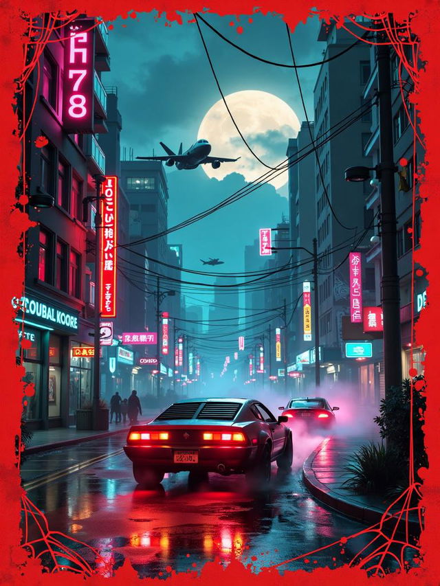 A book cover print with a red spiderweb mural border, featuring a cyberpunk dystopian background with neon lights, flying cars, and guns