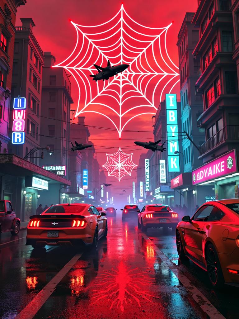 A book cover print with a red spiderweb mural border, featuring a cyberpunk dystopian background with neon lights, flying cars, and guns