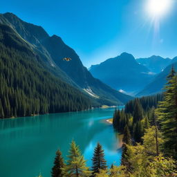 A beautiful landscape featuring a serene lake surrounded by lush green forests and majestic mountains in the background under a clear blue sky