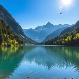 A beautiful landscape featuring a serene lake surrounded by lush green forests and majestic mountains in the background under a clear blue sky