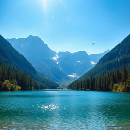 A beautiful landscape featuring a serene lake surrounded by lush green forests and majestic mountains in the background under a clear blue sky