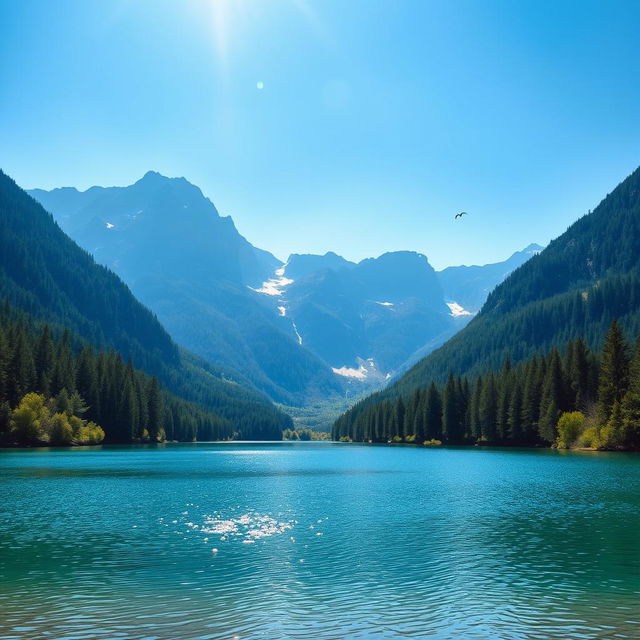 A beautiful landscape featuring a serene lake surrounded by lush green forests and majestic mountains in the background under a clear blue sky