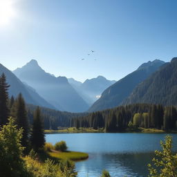 A beautiful landscape featuring a serene lake surrounded by lush green forests and majestic mountains in the background under a clear blue sky