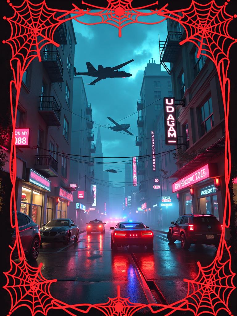 A book cover print with a red spiderweb mural border, featuring a cyberpunk dystopian background with neon lights, flying cars, and guns