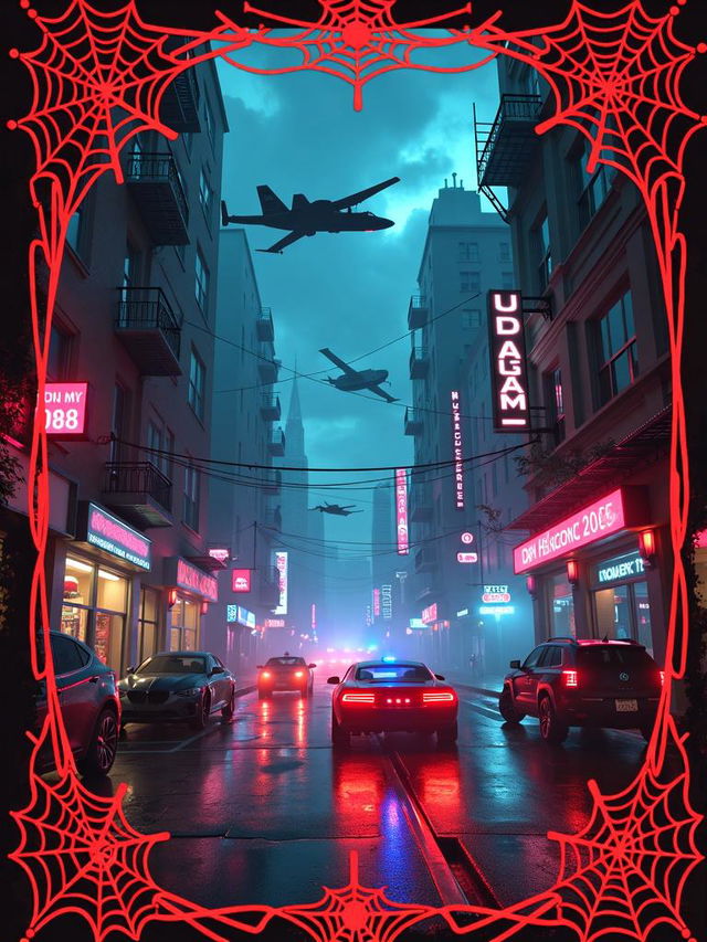 A book cover print with a red spiderweb mural border, featuring a cyberpunk dystopian background with neon lights, flying cars, and guns