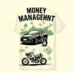 Create a cream-colored shirt design featuring elements of money management, with images of a car and a motorcycle used for transporting money