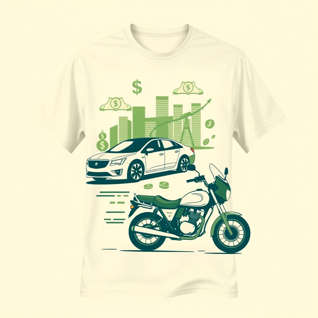 Create a cream-colored shirt design featuring elements of money management, with images of a car and a motorcycle used for transporting money