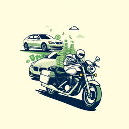 Create a cream-colored shirt design featuring elements of money management, with images of a car and a motorcycle used for transporting money