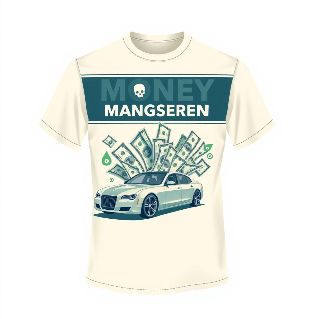 Create a cream-colored shirt design featuring elements of money management, with images of a car and money