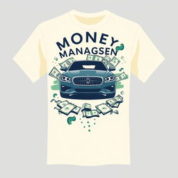 Create a cream-colored shirt design featuring elements of money management, with images of a car and money