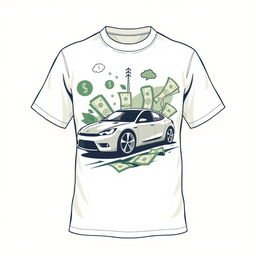 Create a cream-colored shirt design featuring elements of money management, with images of a car and money